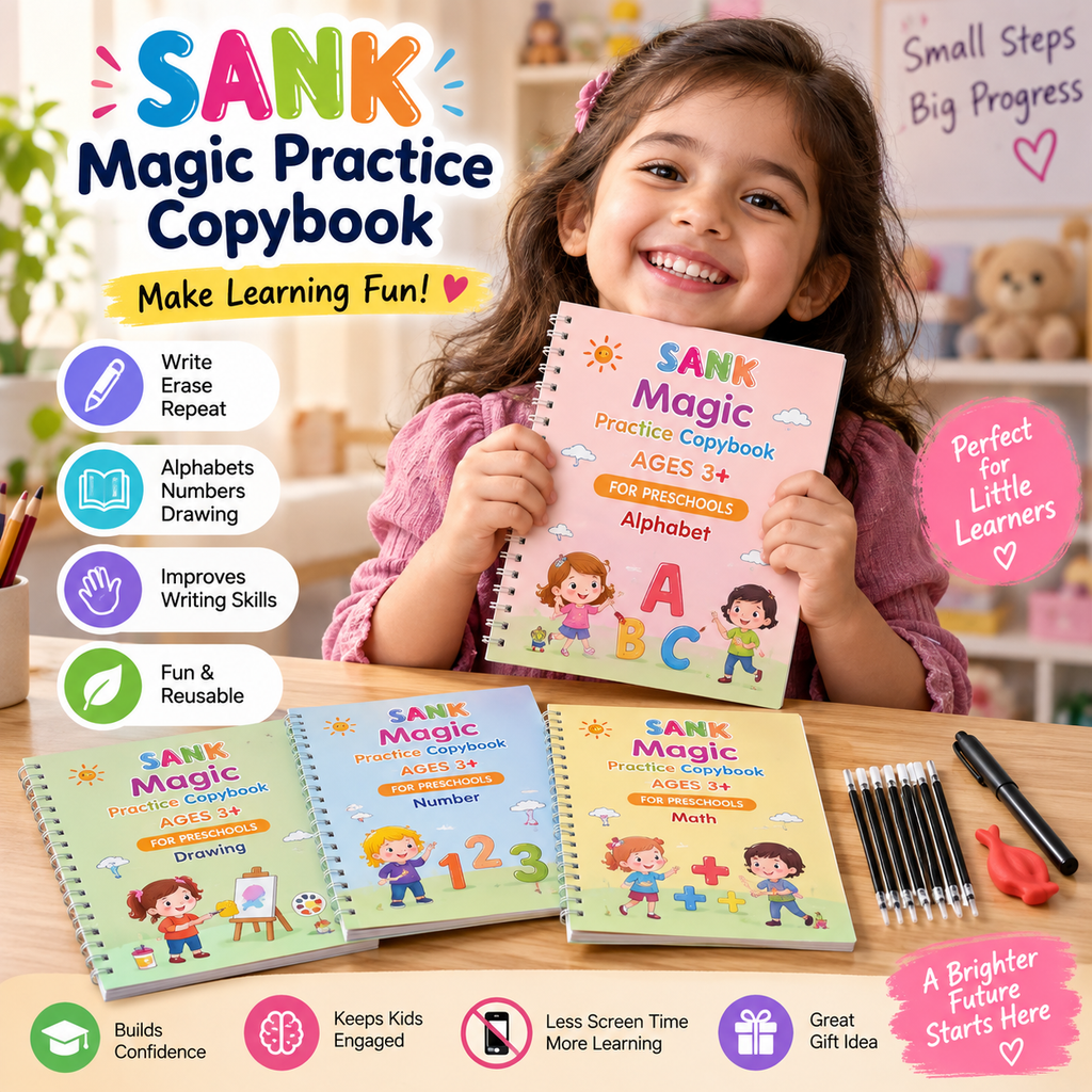 Magic Practice Copybook(4 Books + Magic Pen + Refill + Grip)
