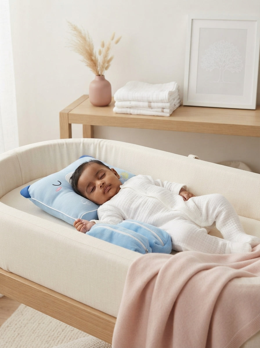 A premium baby head support pillow resting on a white linen bassinet in a stylish, modern nursery with soft pink accents.